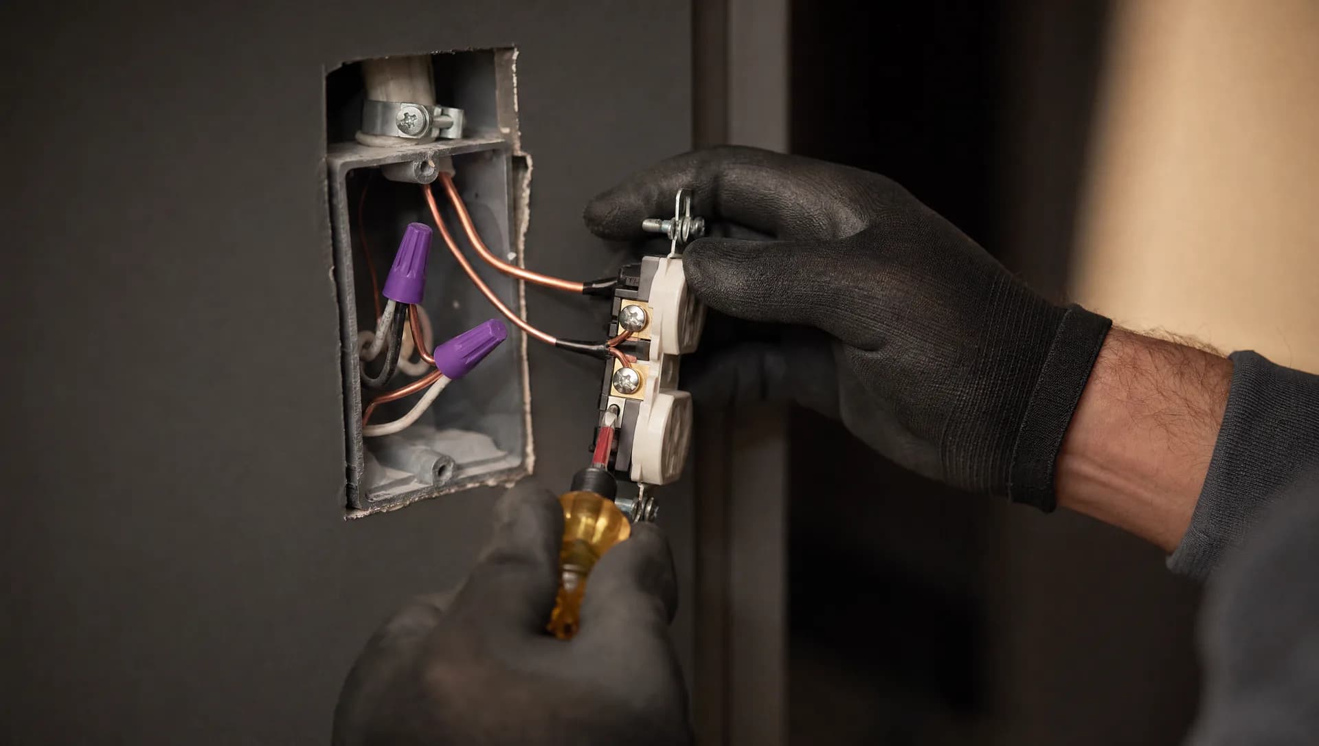 Electrician completing approved aluminum-to-copper pigtail work in a residential junction box
