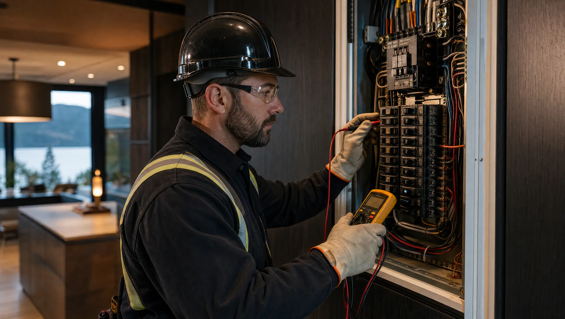 Electrician testing circuit breakers and safety equipment at a residential electrical panel