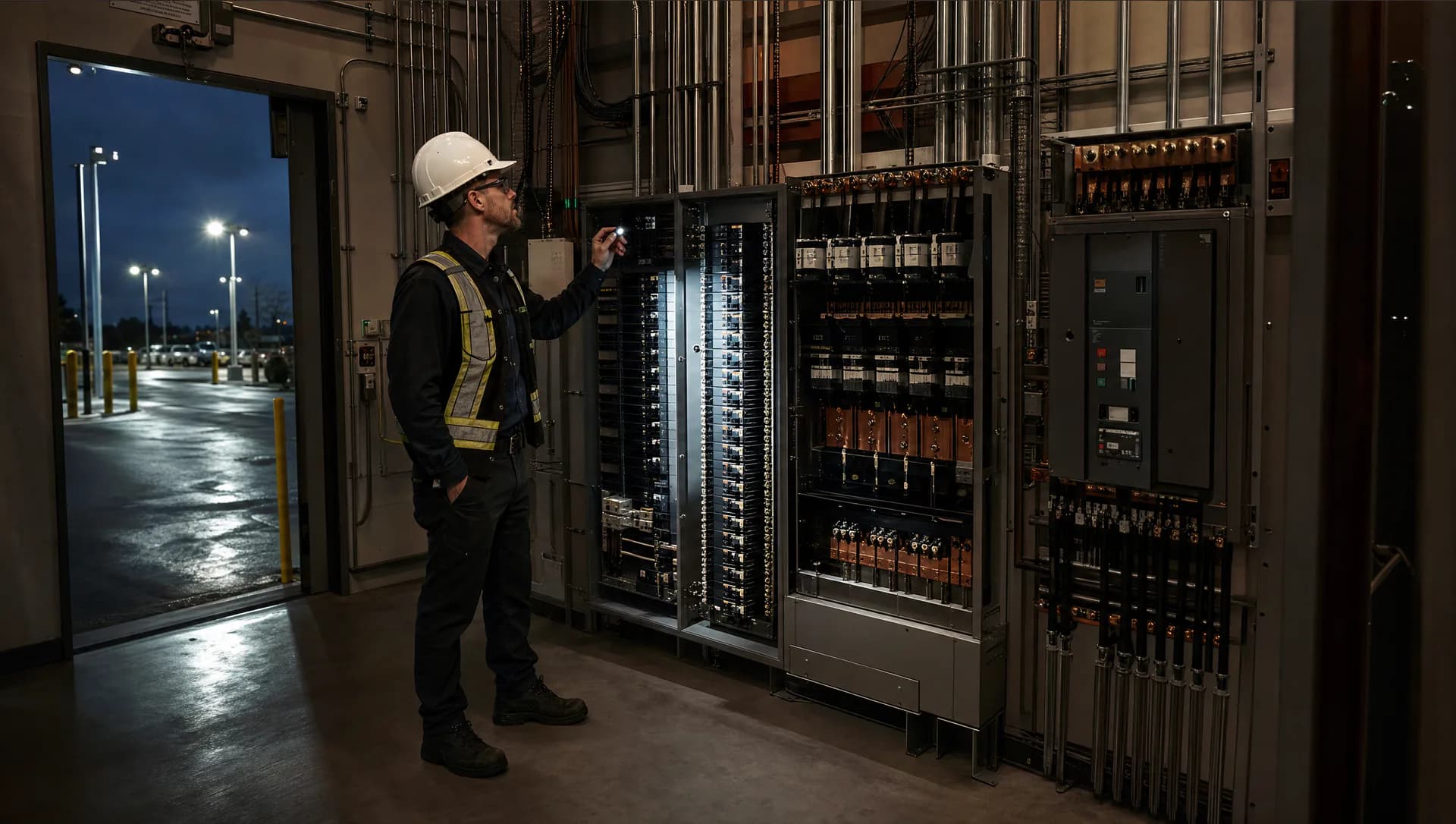 Commercial electrician inspecting an electrical room serving parking-lot infrastructure
