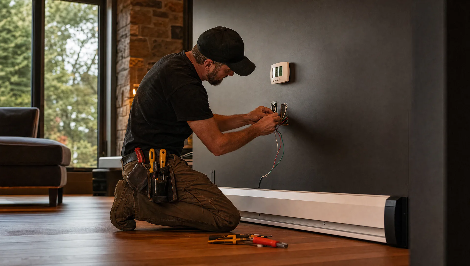 Electrician wiring a baseboard heating thermostat in a premium British Columbia home