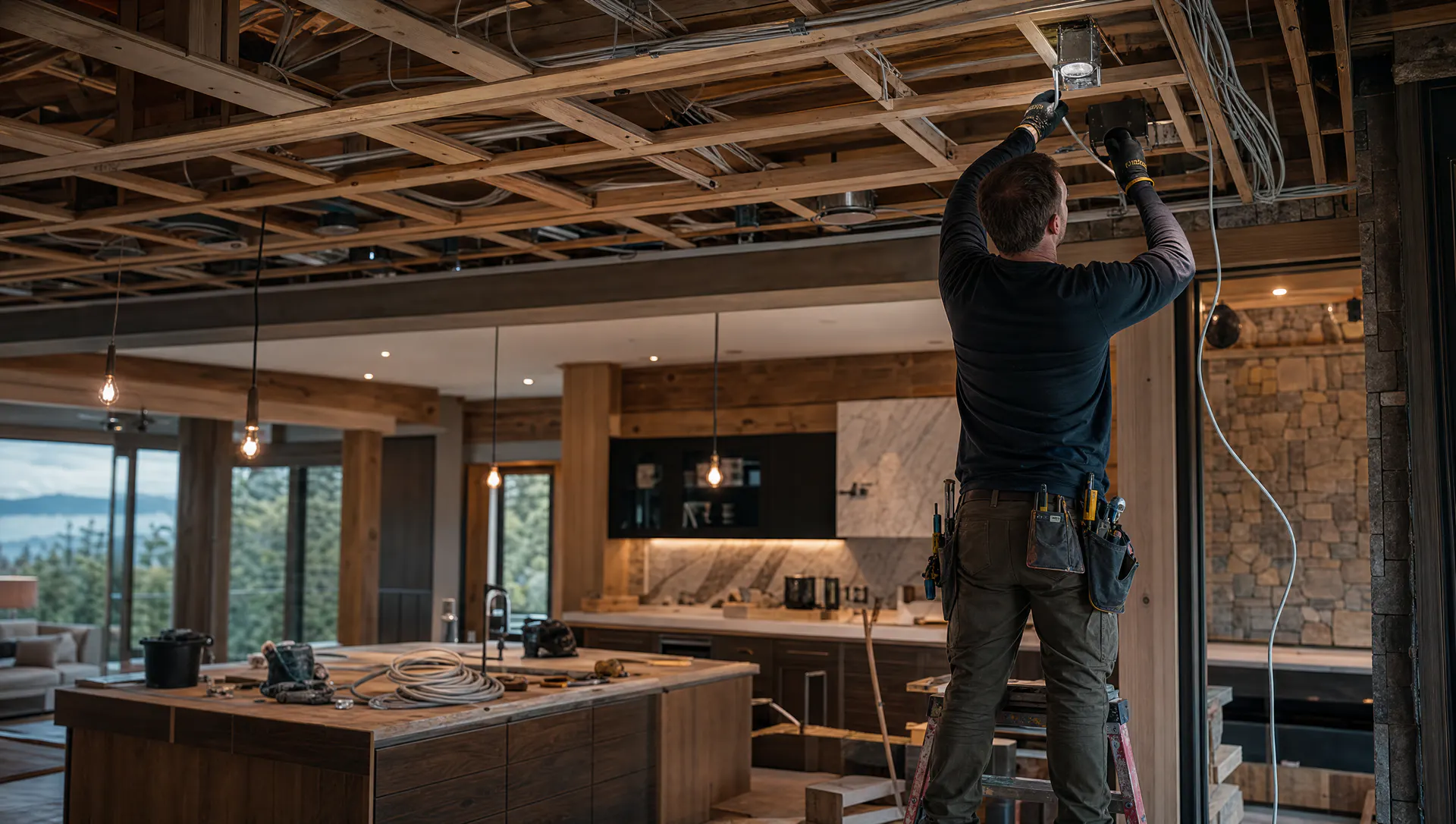 Electrician completing recessed-lighting rough-in during an upscale home renovation