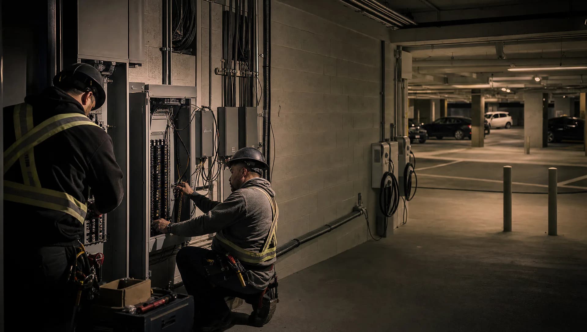 Electricians commissioning load management and future-ready EV infrastructure in a condo parkade