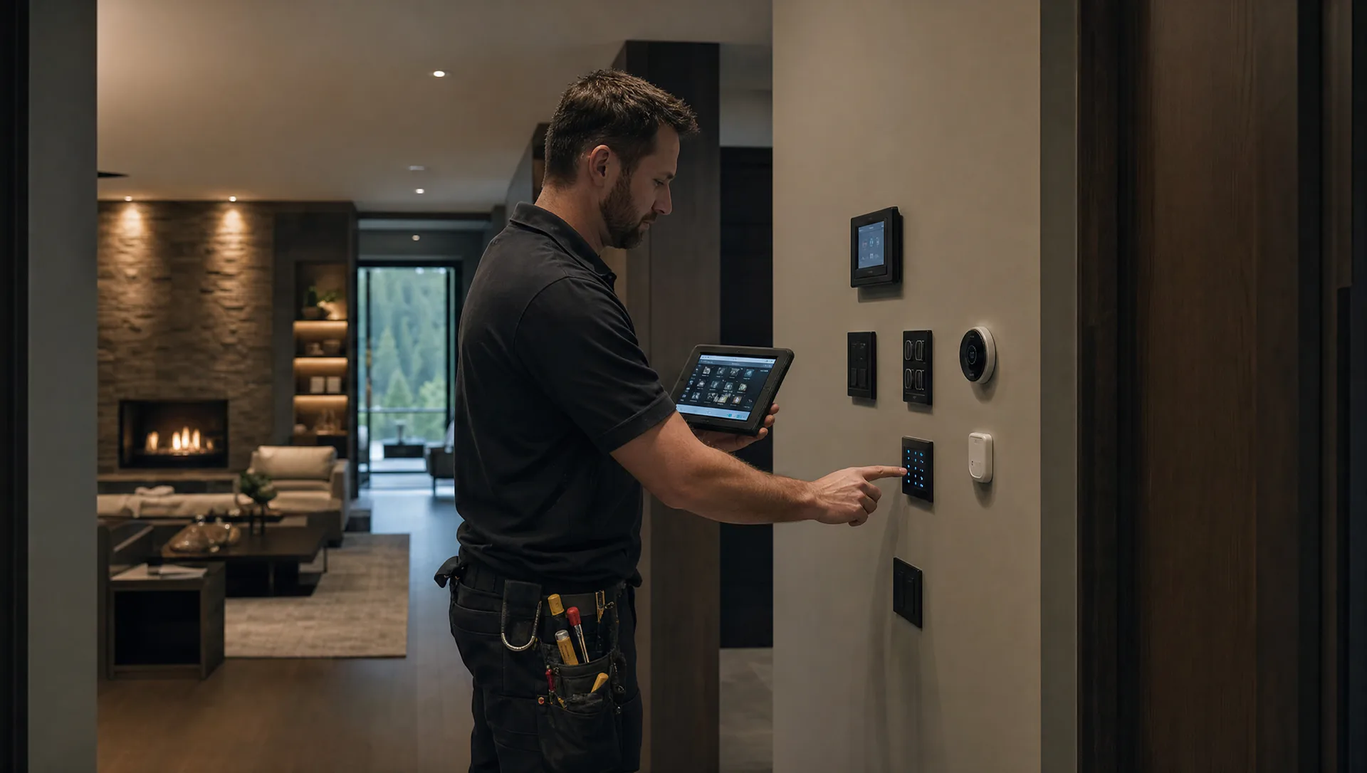 Electrician commissioning installed smart-home lighting and climate controls