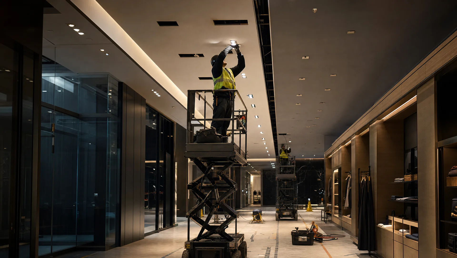 Electricians completing a commercial LED lighting retrofit from elevated work platforms