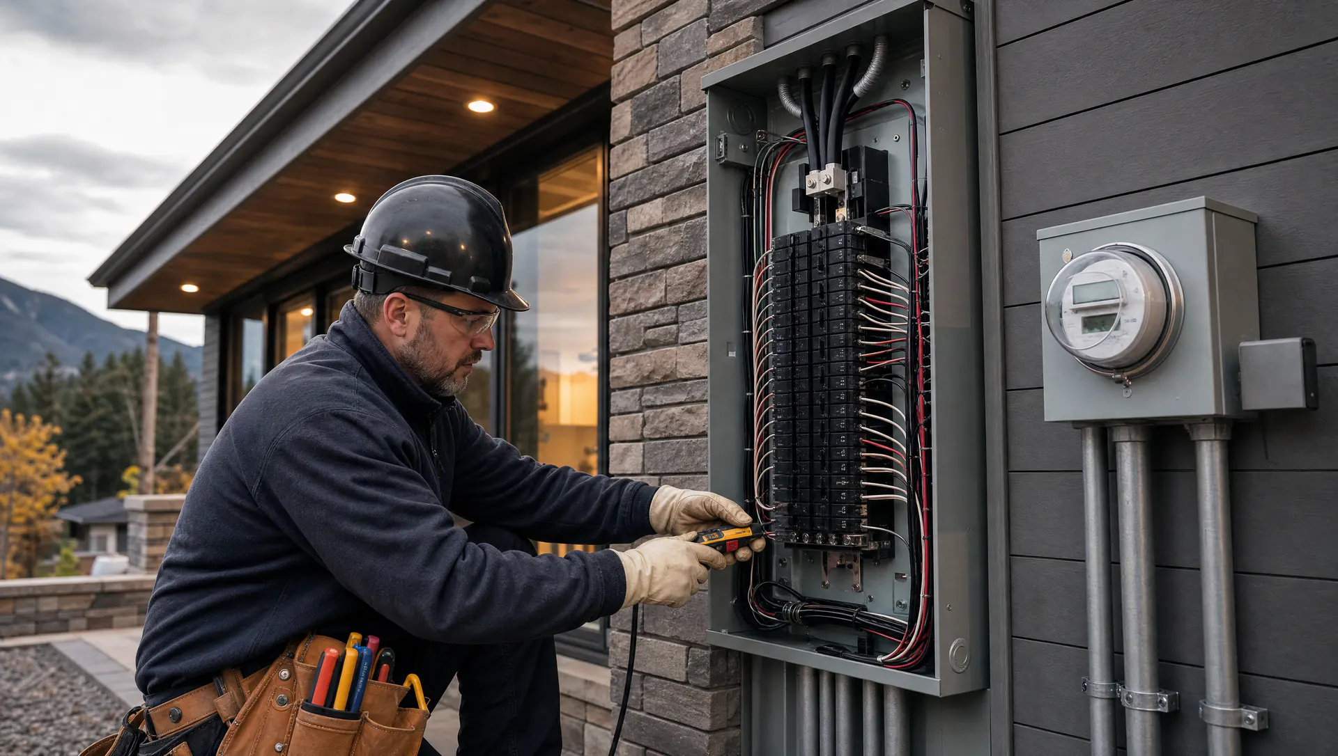 Electrician commissioning a modern 200-amp panel and meter service upgrade