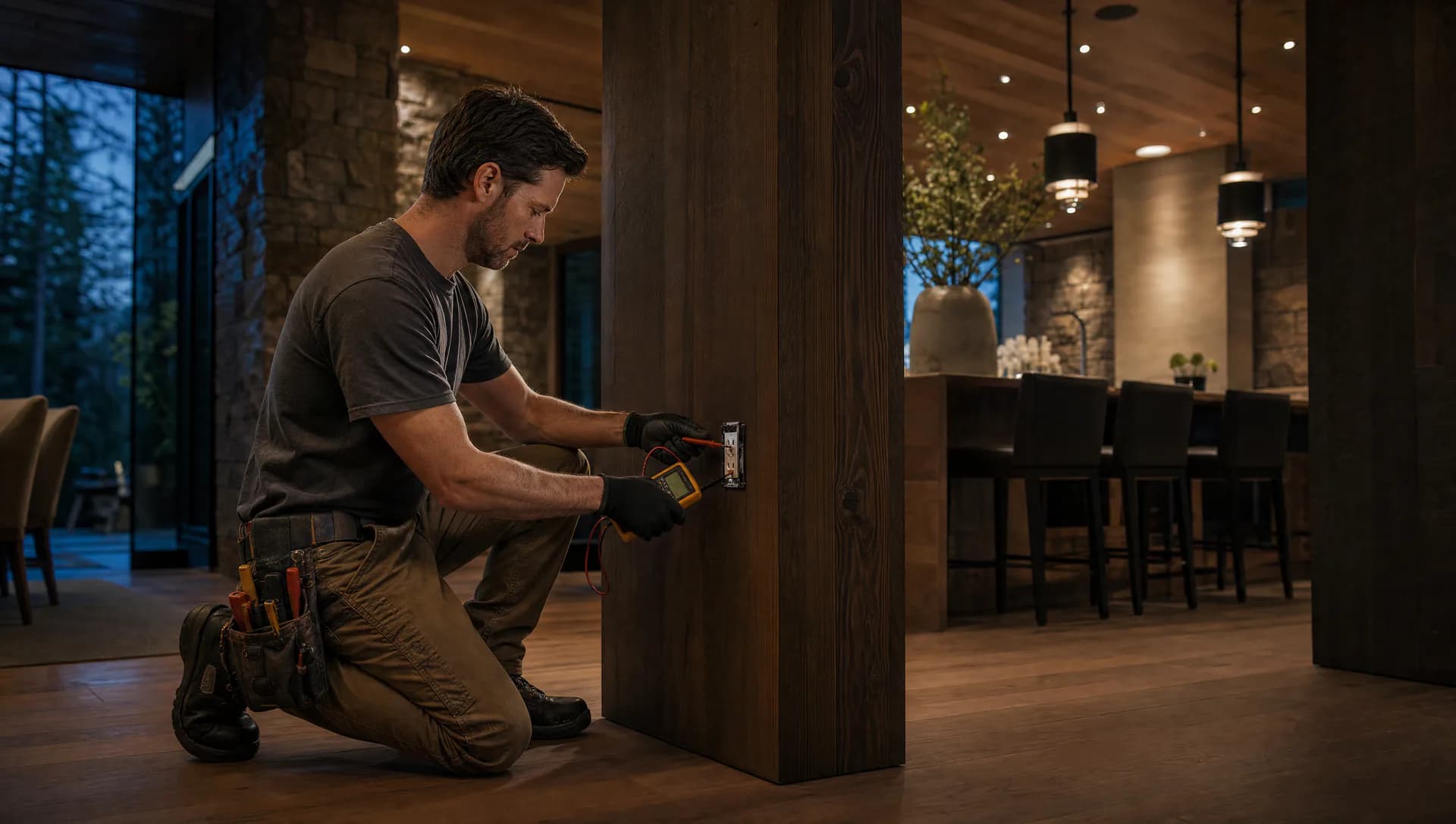 Residential electrician testing a new circuit in a premium British Columbia home