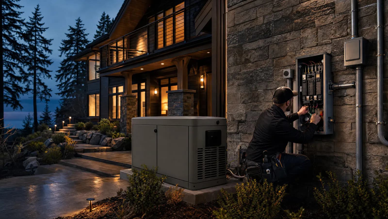 Electrician commissioning a standby generator and transfer switch at a premium home