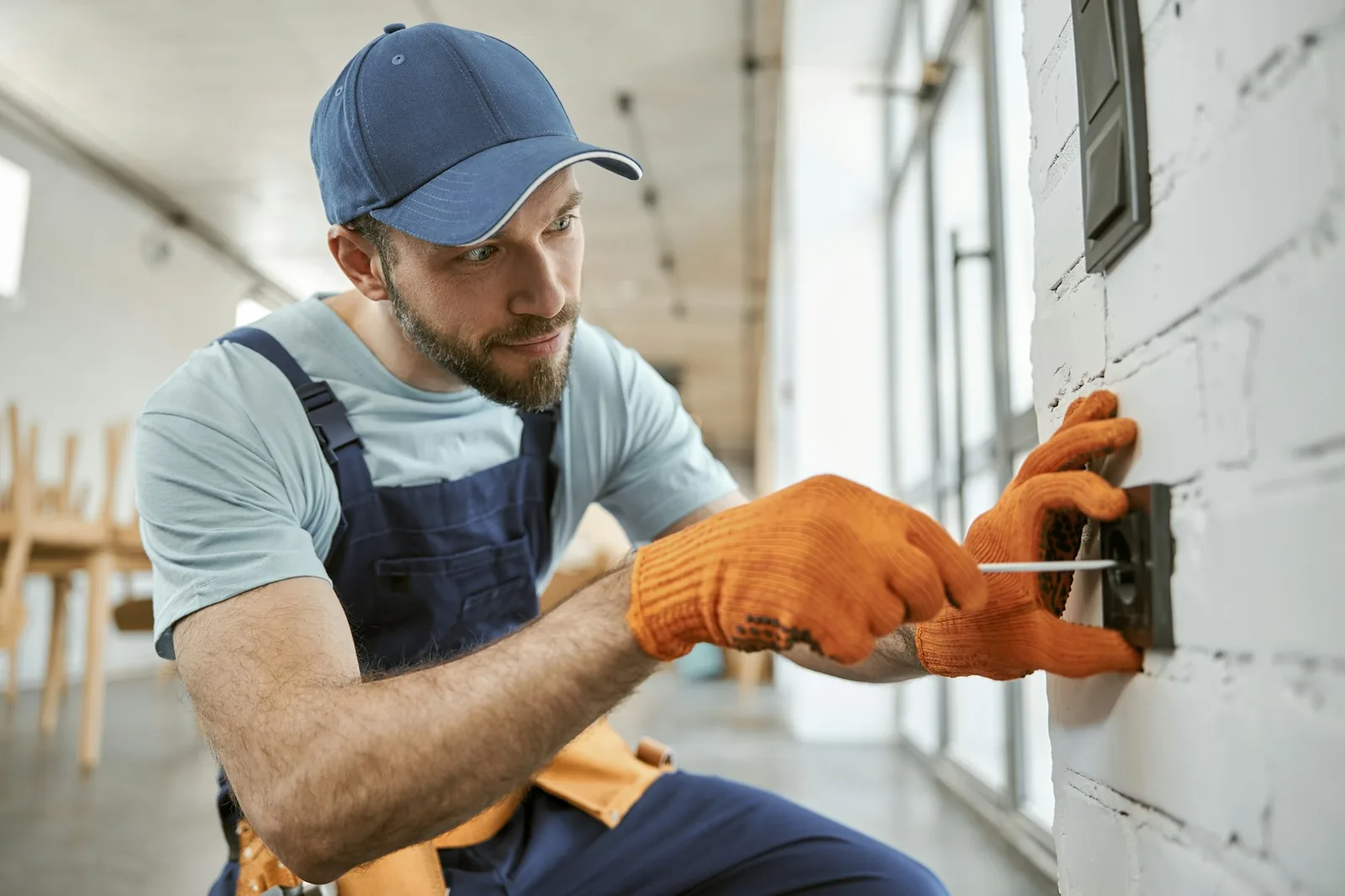 Standby generator installation - bearded man fixing electrical wall socket with screwdriver