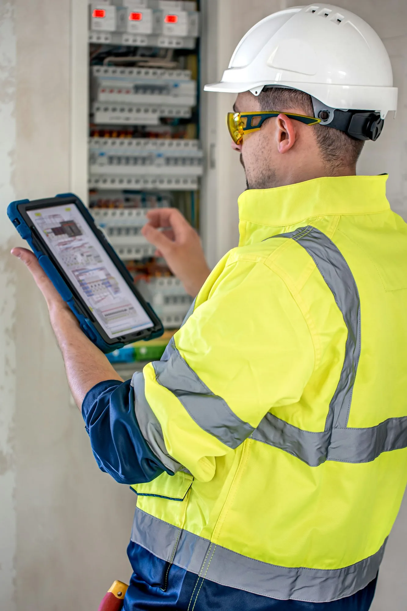 Electrical panel and breaker work - electrical technician looking focused while working in a switchboard w