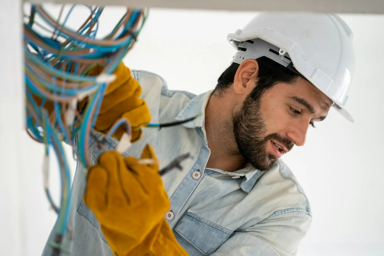 Residential wiring installation - electrician working with cable on the construction site