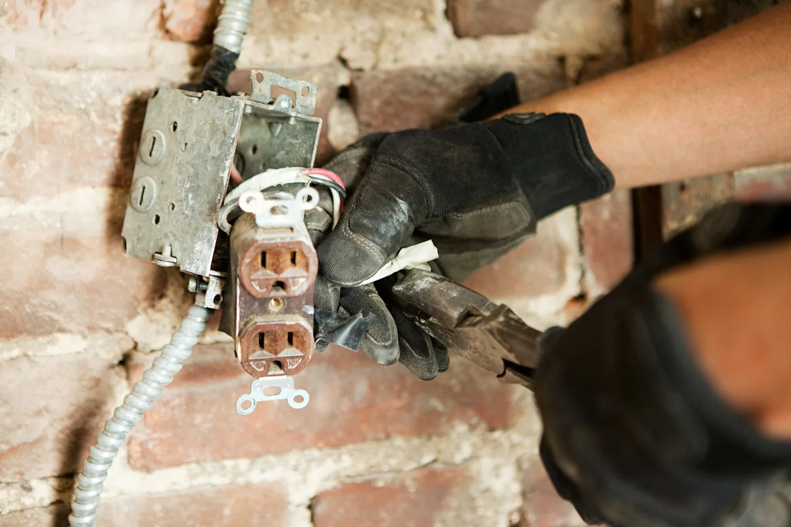 Standby generator installation - man working on electric socket by brick wall