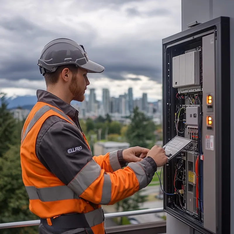 A modern Vancouver residential home electrical panel with a sleek whole-home surge protection device installed