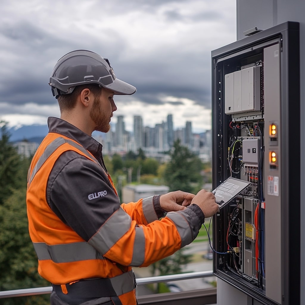 A modern Vancouver residential home electrical panel with a sleek whole-home surge protection device installed